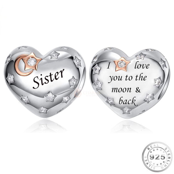 Sister Heart Charm 925 Sterling Silver I Love You to Moon FITS PANDORA