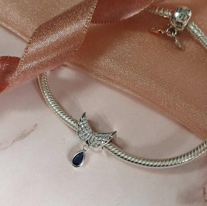 Blue Crystal Charm | Silver Memorial Wings Charm | Charms Kingdom