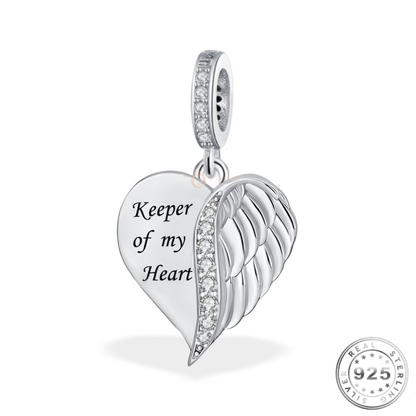 Angel Wing Heart Charm 925 Sterling Silver  - Keeper of my Heart fits pandora
