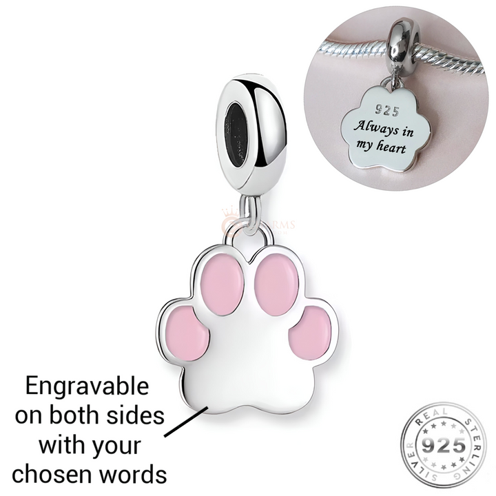 Engraved Pink Cat / Dog Paw Charm 925 Sterling Silver - Personalised - fits Pandora