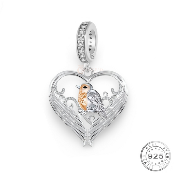 Robin Angel Wings Charm 925 Sterling Silver and Rose Gold fits Pandora
