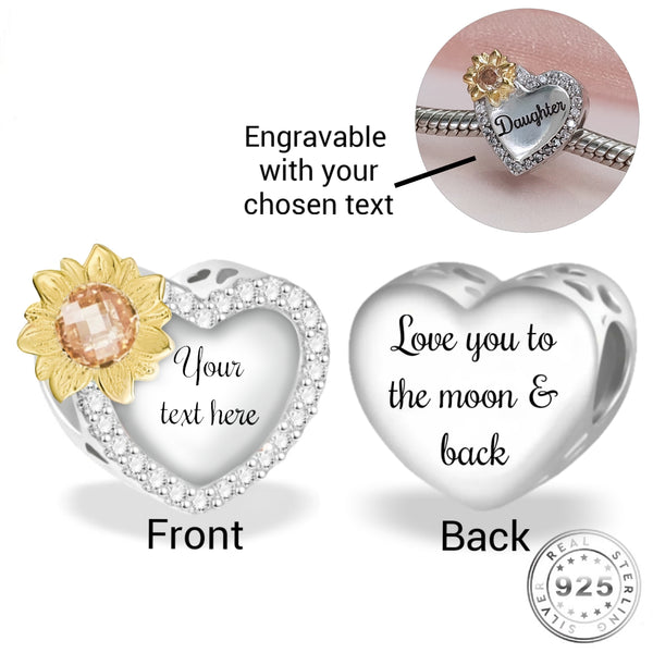 Engraved Sunflower Love You To The Moon Charm 925 Sterling Silver  - fits pandora