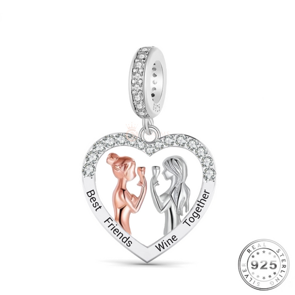Best Friends Wine Charm 925 Sterling Silver and Rose Gold Fits Pandora
