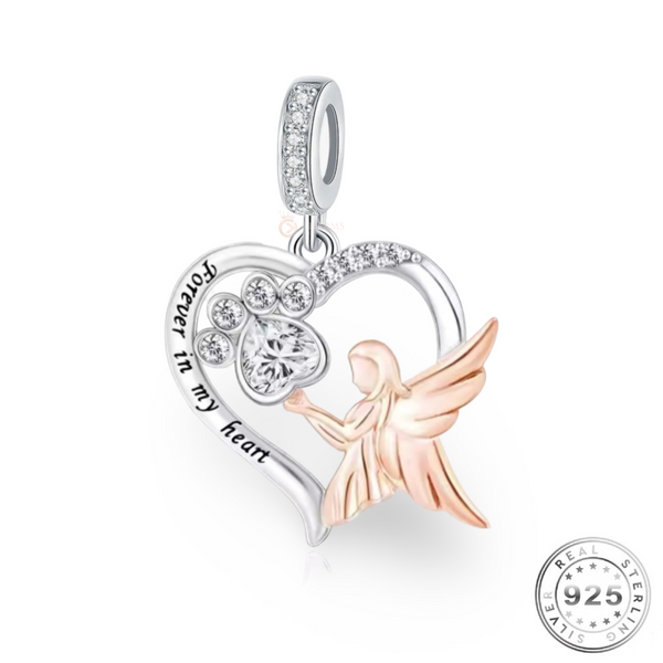 Pet Cat / Dog Paw Guardian Angel Wing 925 Sterling Silver Charm - Forever In My Heart fits Pandora