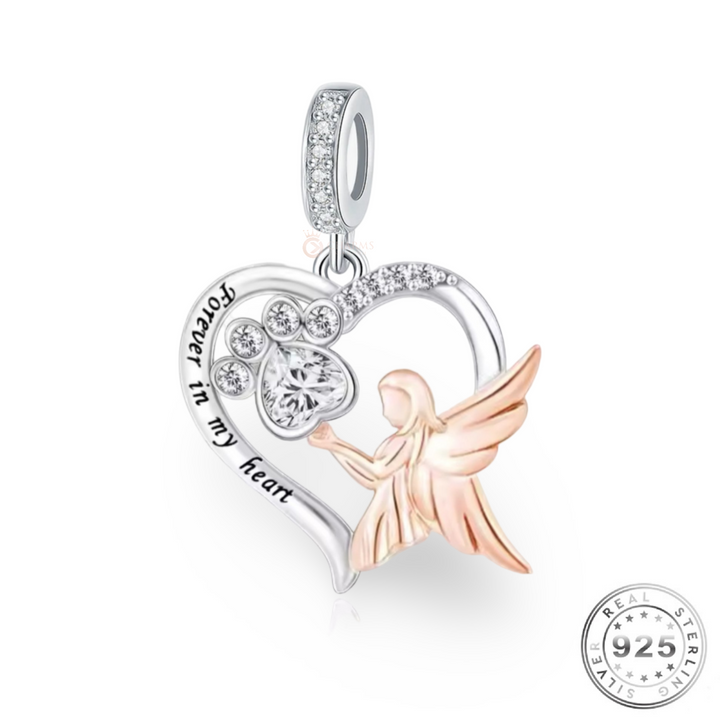 Pet Cat / Dog Paw Guardian Angel Wing 925 Sterling Silver Charm - Forever In My Heart fits Pandora