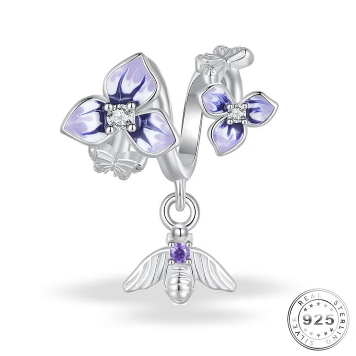 Flowers & Bee Charm Genuine 925 Sterling Silver & Purple Fits Pandora