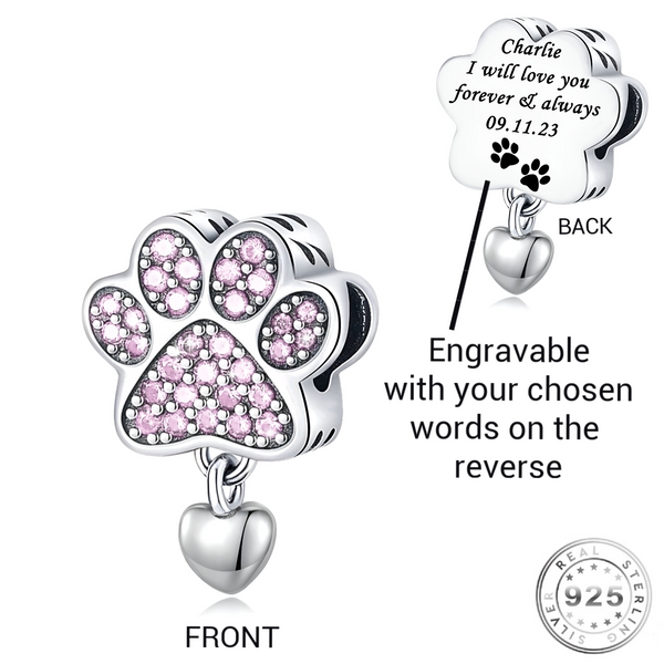 Engraved Dog / Cat Pink Paw Charm 925 Sterling Silver- Personalised - compatible with pandora