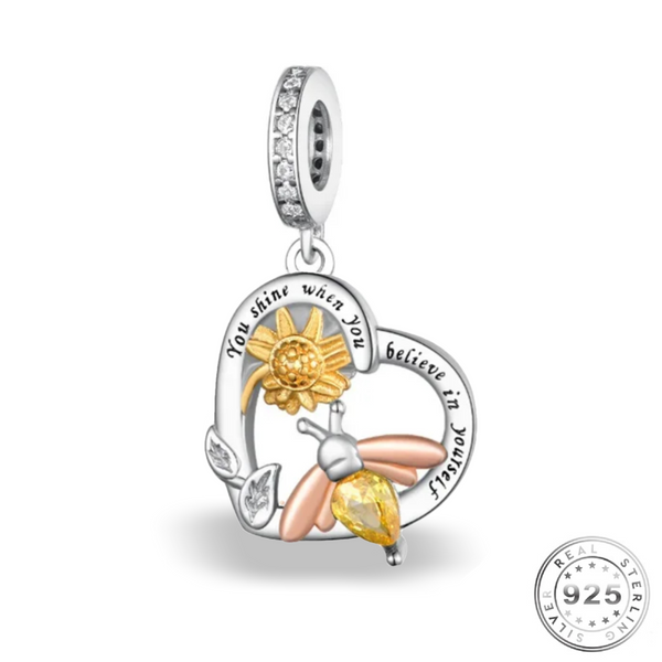 Bee & Sunflower Charm 925 Sterling Silver - Believe in Yourself fits pandora