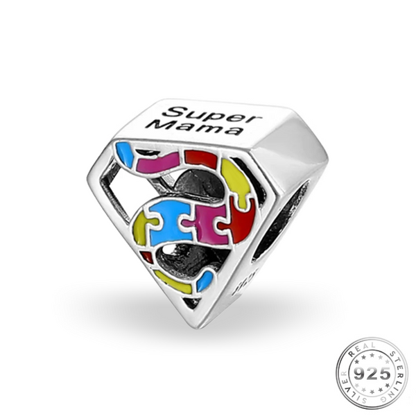 Autism Awareness Super Mama Charm 925 Sterling Silver - Puzzle (fits pandora )