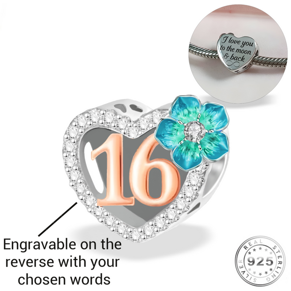 Engraved 16th Birthday Charm 925 Sterling Silver - Personalised with your text ( fits pandora )