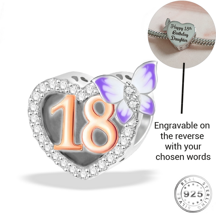 Engraved 18th Birthday Charm 925 Sterling Silver- Personalised with your text ( fits pandora )