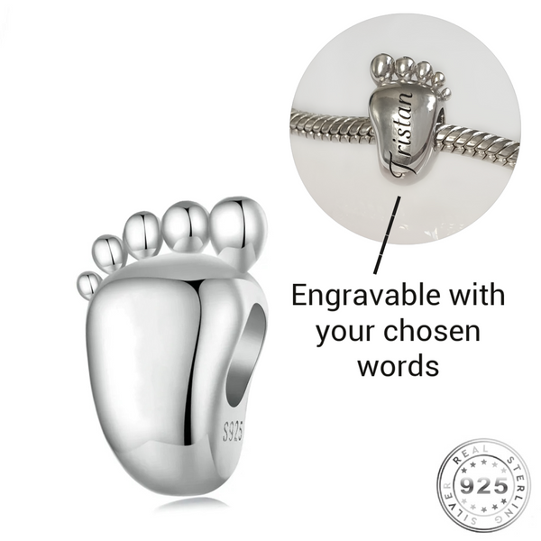 Engraved Baby Footprint Charm 925 Sterling Silver - Personalised with your text ( fits pandora )