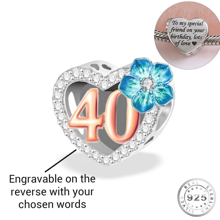 Engraved 40th Birthday Charm 925 Sterling Silver - Personalised with your text ( fits pandora )